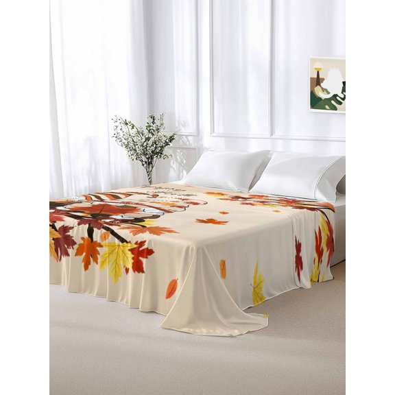 California King Size Flat Sheet Only,Fall Thanksgiving Gnome Maple Leaf on Branch Soft Top Bed Sheets Breathable Bedding Sheet Orange Fallen Leaves Microfiber Hotel Luxury Top Sheets