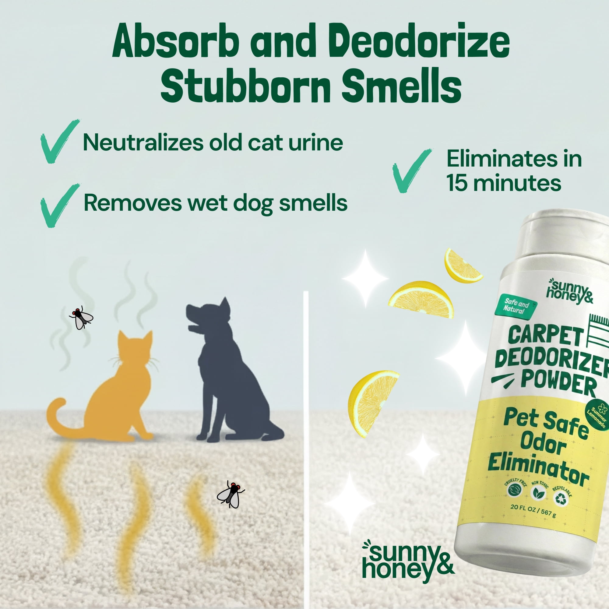 Sunny & Honey Carpet Deodorizer Powder - Pet Safe Freshener for Carpets, Pet Beds and Car Seats - Lemon Odor Eliminator for Cat Urine and Wet Dog Smells (20 oz)