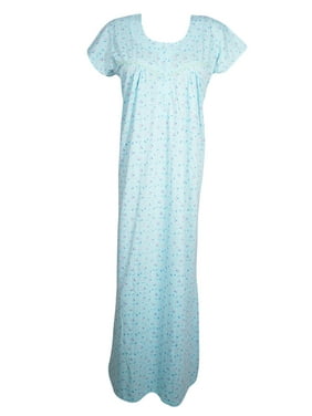 Mogul Women Maxi Dress, Light Blue Maxi Dress Cap Sleeves Floral Print Sleepwear Beach Housedress L