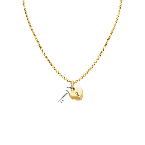 Precious Stars 14K Two-Tone Gold Ladies Heart Lock and Key Pendant with 16" Chain Necklace