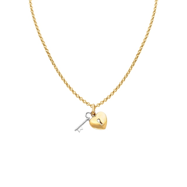 Precious Stars 14K Two-Tone Gold Ladies Heart Lock and Key Pendant with 16" Chain Necklace