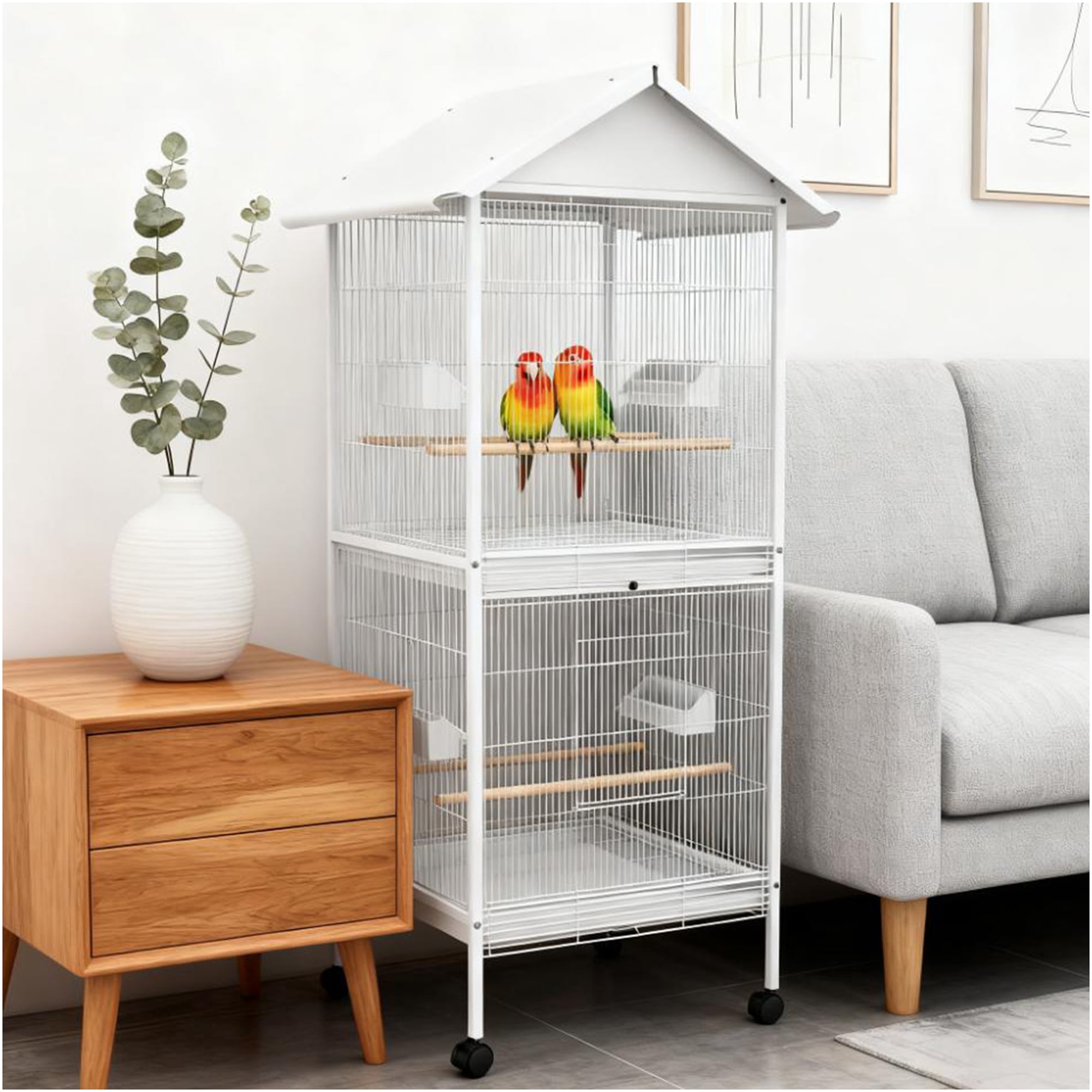 JERFIT Bird Cage with Rolling Stand for Small Birds, White Metal Aviary House with Wooden Perches, Sliding Feeding Doors and Removable Bottom Tray for Easy Cleaning