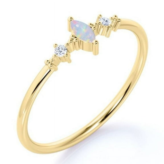JeenMata 3 Stone Marquise Opal and Diamond Vintage Stackable Ring Band in Solid 10k Yellow Gold