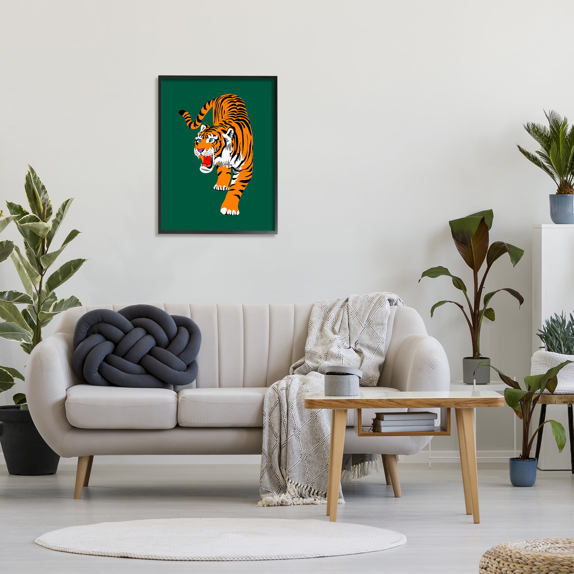 Stupell Industries Roaring Tiger on Green Animals & Insects Painting Black Framed Art Print Wall Art, 24 x 30