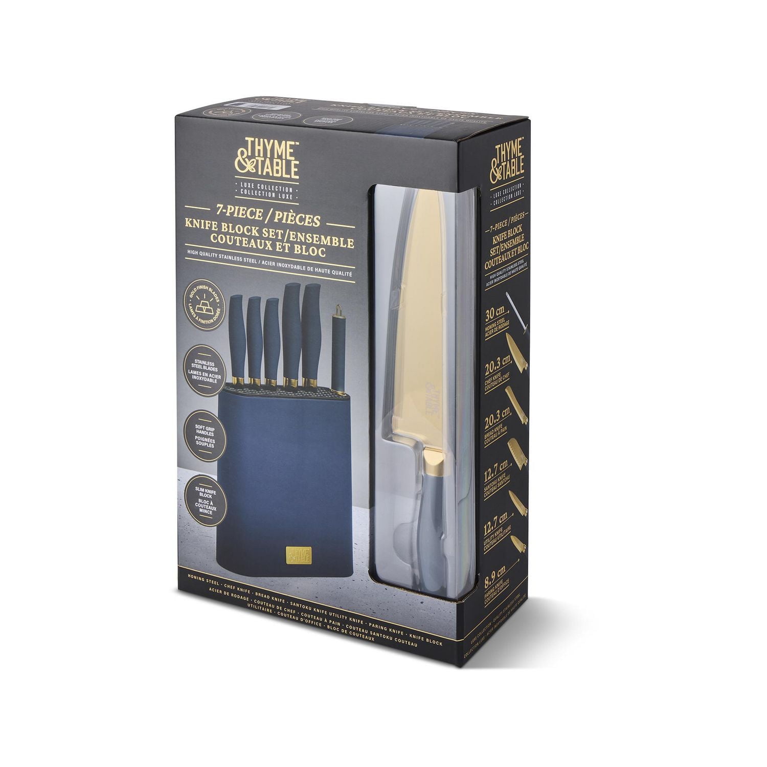 Thyme & Table 7-Piece Slim Block Knife Set with Gold Blades and Blue Block