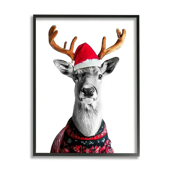 Stupell Industries Deer in Holiday Sweater Holiday Painting Black Framed Art Print Wall Art, 24 x 30