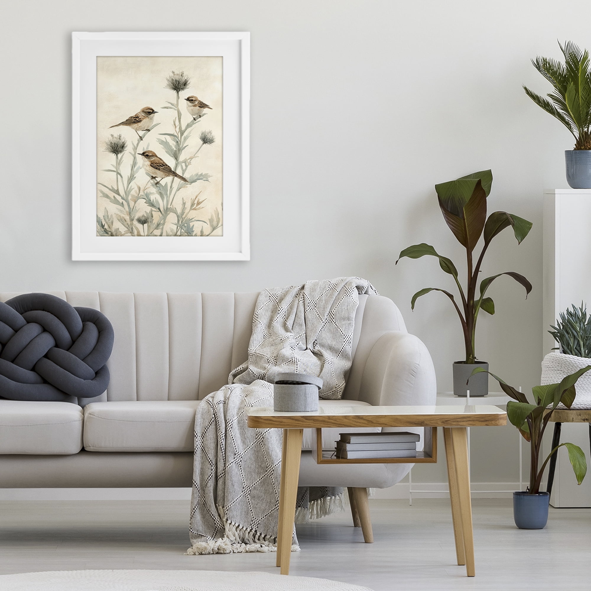 Stupell Industries Sparrows on Thistle Stems White Framed Print Under Glass, design by Petal Prints Design