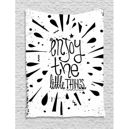 Enjoy the Little Things Tapestry, Vintage Style Motivation Boosting Quote with Teardrop Pattern, Wall Hanging for Bedroom Living Room Dorm Decor, 40W X 60L Inches, Black and White, by