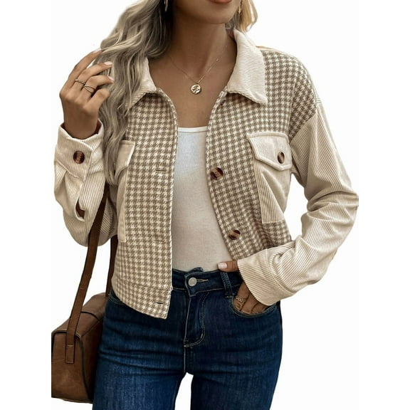 Flannels for Women Cropped Shacket Jacket Fashion Plaid Button Down Shirt Fall Coat Tops Khaki S