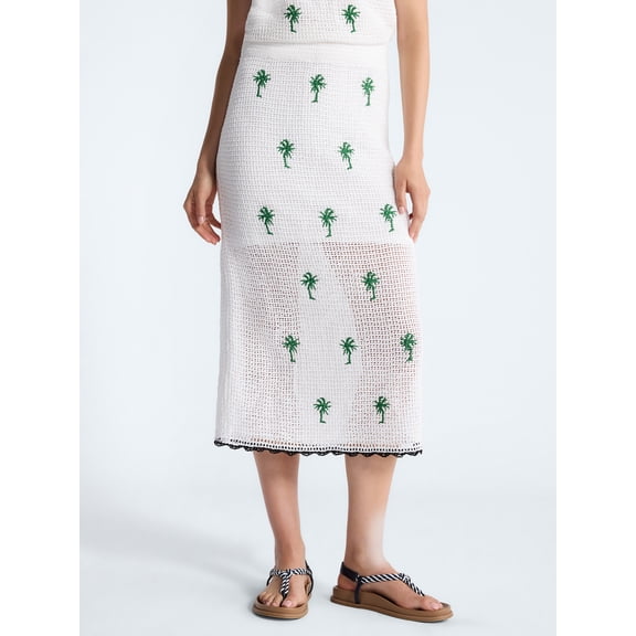 Free Assembly Women's Embroidered Knit Cotton Pencil Midi Skirt, Sizes XS-XXL