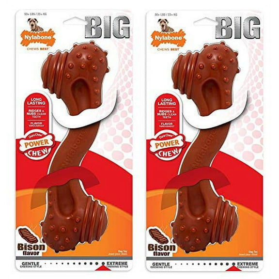 Nylabone 2 Pack of Power Chew Textured Monster Bones, Bison Flavor, Long-Lasting Toys for Large Breed Dogs