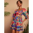 thumbnail image 3 of Navy Blue Floral Print Square Neck Puff Sleeve Mini Dress For Women, 3 of 6
