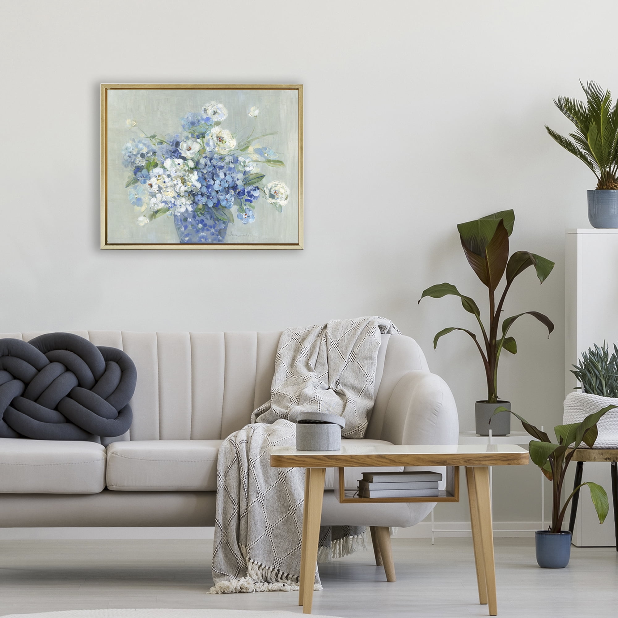 Stupell Industries Serene Blue And White Bouquet Gold Framed Floater Canvas Wall Art, design by Sally Swatland