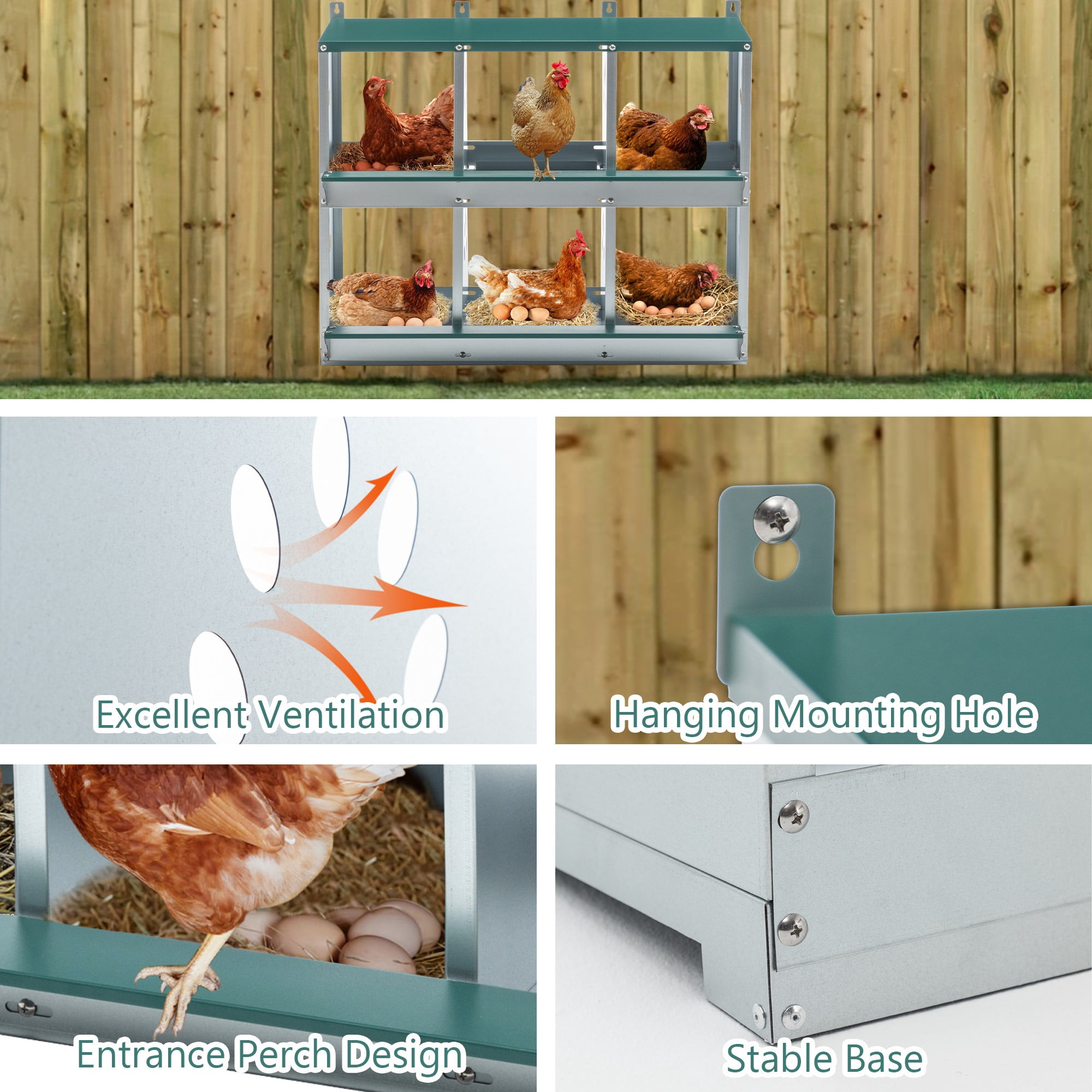 Leumius Nesting Boxes for Chickens,6-Hole Chicken Nesting Boxes Wall Mount,Large Vented Holes Chicken Coop Box for Outdoor Chicken Coop Farm Yard,Green