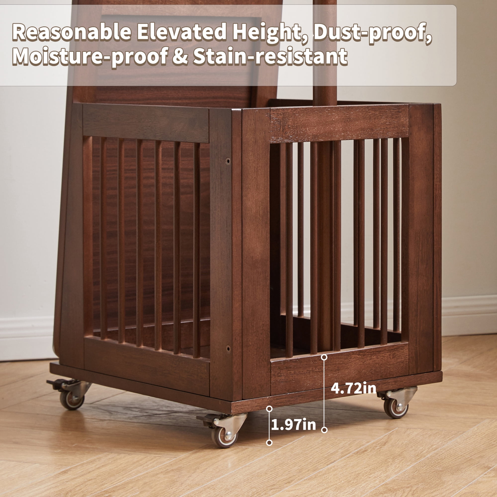 Coat Rack with Rolling Wheels and Storage Basket, Solid Wood Garment Stand and Mobile Clothes Organizer with Mirror for Entryway Hall Closet, Walnut