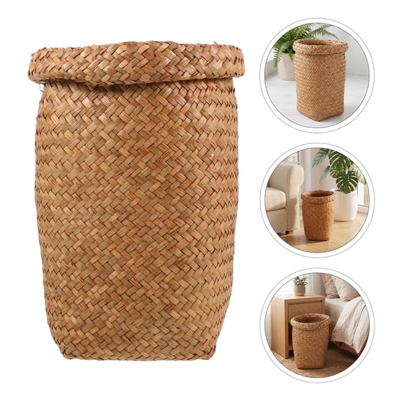 FUTUREORYY Chocolate Woven Seagrass Trash Can Sturdy Rim for Indoor Use