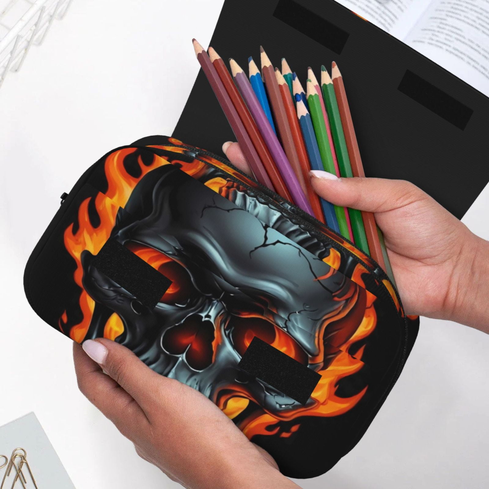 Rateoe Flame Metal Skull Pattern Double Clamshell Pen Case, Storage Organizer with Two Zipper Compartments– Holds Up to 50 Pencils & Pens