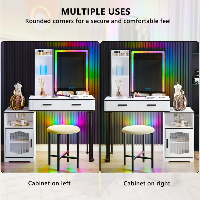 Lvifur RGB Makeup Vanity Table with Mirror and Lights, Glass Top Vanity  Desk with 24 Color Dimmable Lights, Auto Sensor Dressing Table with  Wireless Charging and Stool