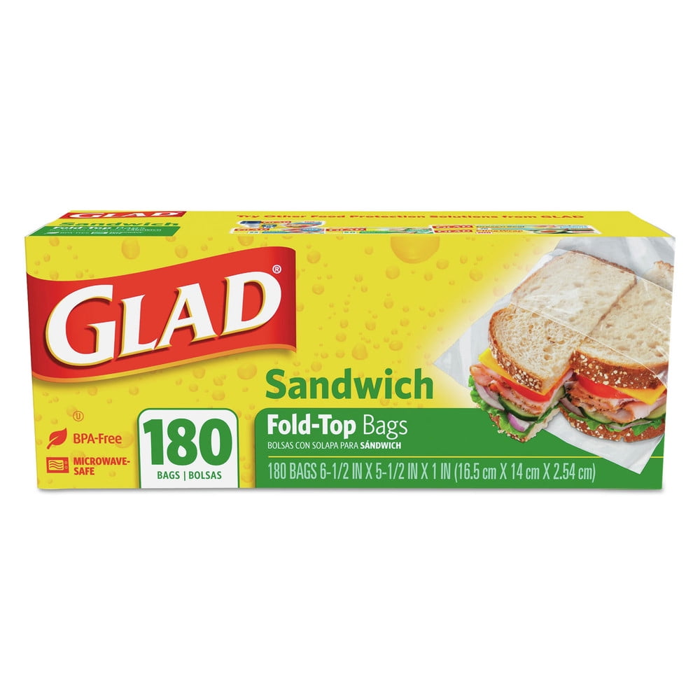 Glad 60771 Fold-Top Sandwich Bags, 6.5' X 5.5', Clear, 180/box, 12 Boxes/carton