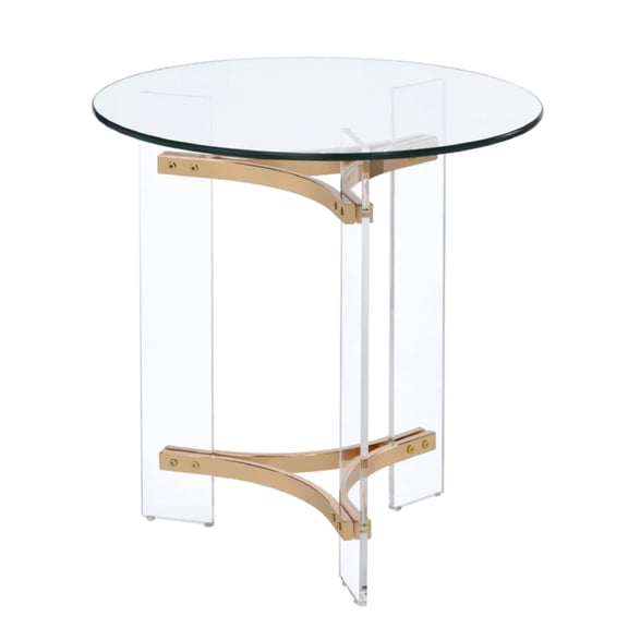 Benjara Hale 23" Round End Table- Glass Top- Acrylic Legs- Clear- Gold