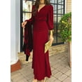 thumbnail image 4 of Women'S Fall Winter Mermaid Cocktail Dresses Long Sleeve V Neck Bodycon Maxi Ruched Waist Dress Wine Red M, 4 of 9