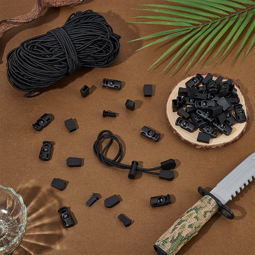50M Polyester Round Elastic Cords with 30Pcs Plastic Cord Locks and 30Pcs Plastic Zipper Pull Cord Ends for Cord Tether Tip Cord Lock Black