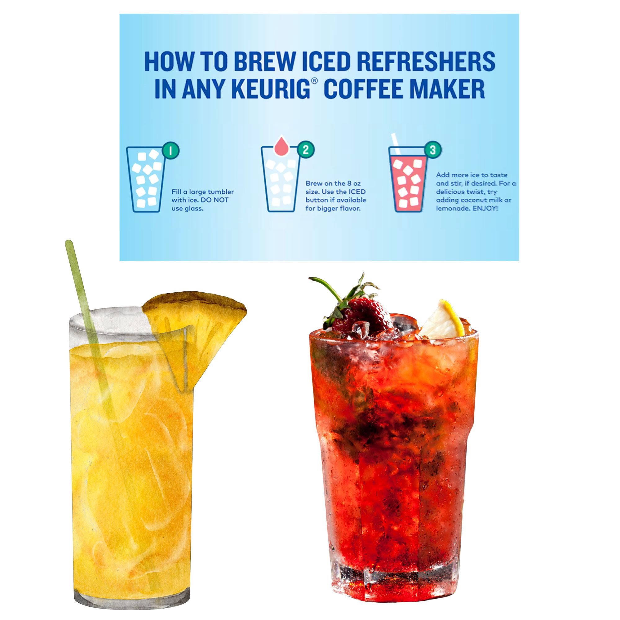 Iced Refreshers K Cup Strawberry Acai and Pineapple Passion Gift Set of Keurig k cups 20ct Pods and Stainless Steel Iridescent Straws with Storage Bag