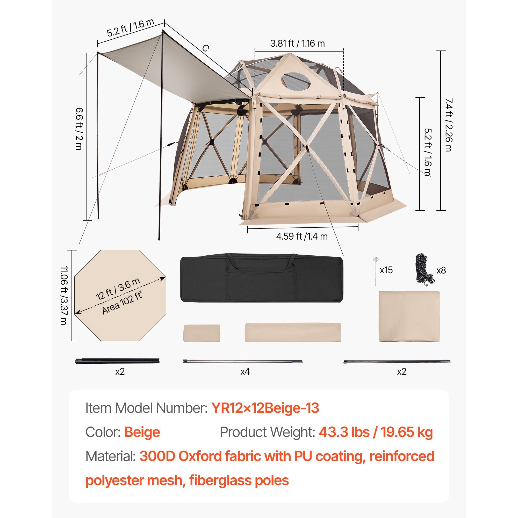 Pop up Gazebo Screen Tent, 12 x 12 ft, 13-Sided Spherical Camping Canopy Tent with Removable Top & Carry Bag, Quick-Set & Bite-Proof, Screen House Sun Shelter for 8-10 Persons, Beige
