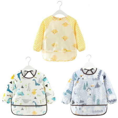 

Toddler Bib Long Sleeved 3PCS Infant Eating Bib Baby Art Smock with Food Catcher