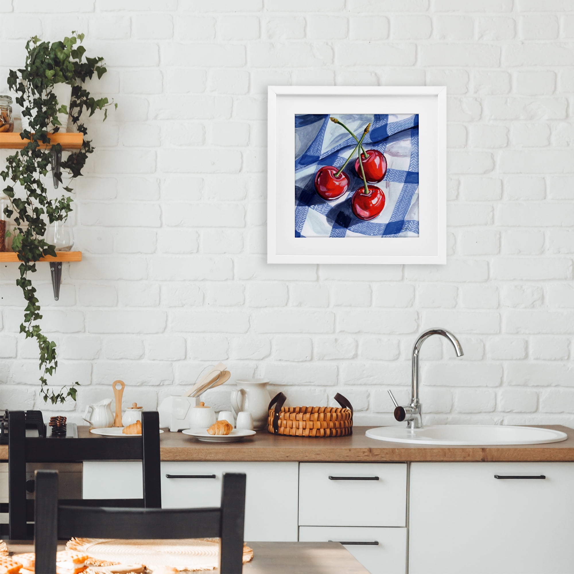 Stupell Industries Three Picnic Cherries on Gingham White Framed Print Under Glass, design by Kate Jarvik Birch
