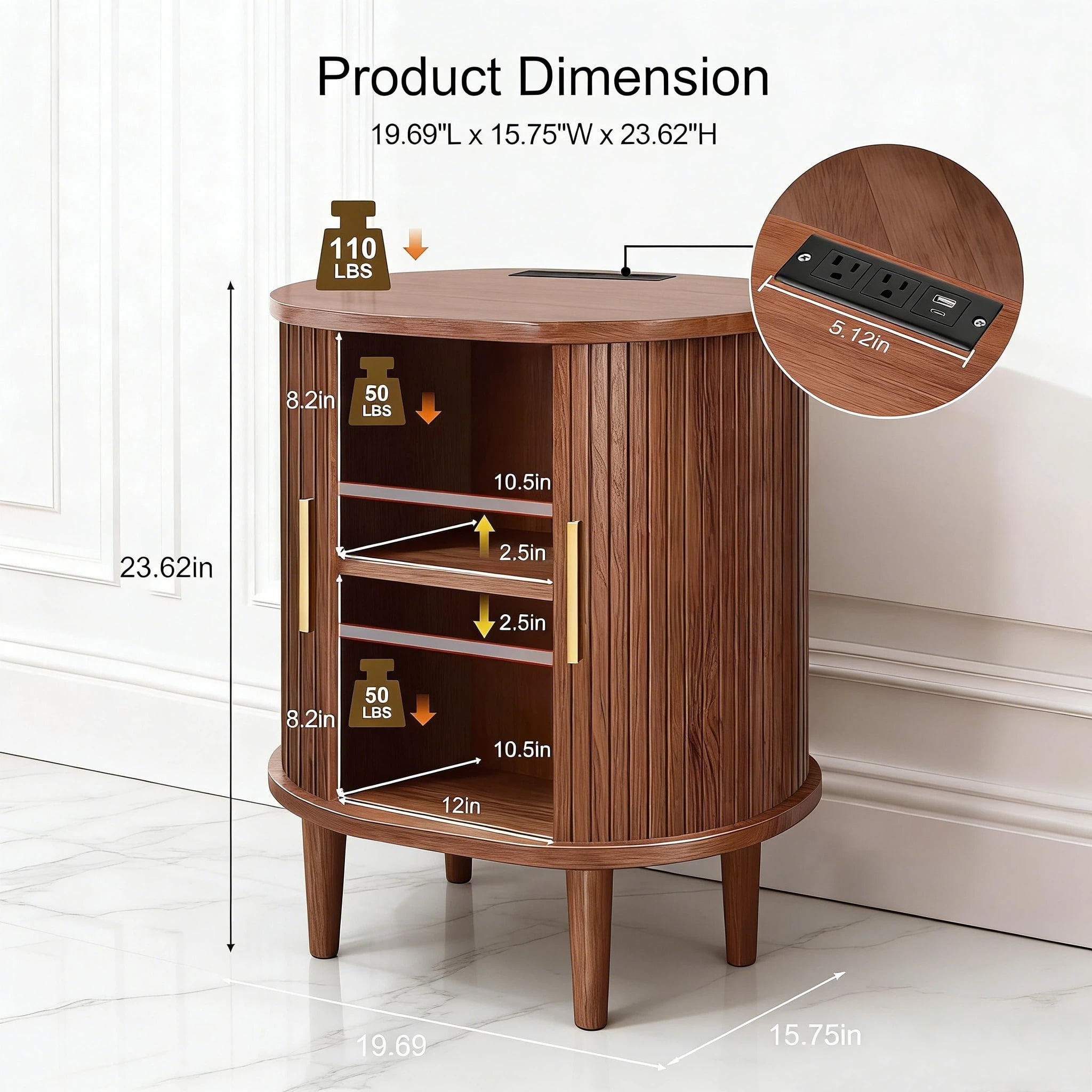 Aisword Nightstand with Charging Station, Fluted Accent Side Table with Sliding Door and Adjustable Shelf, End Table for Small Space, Walnut