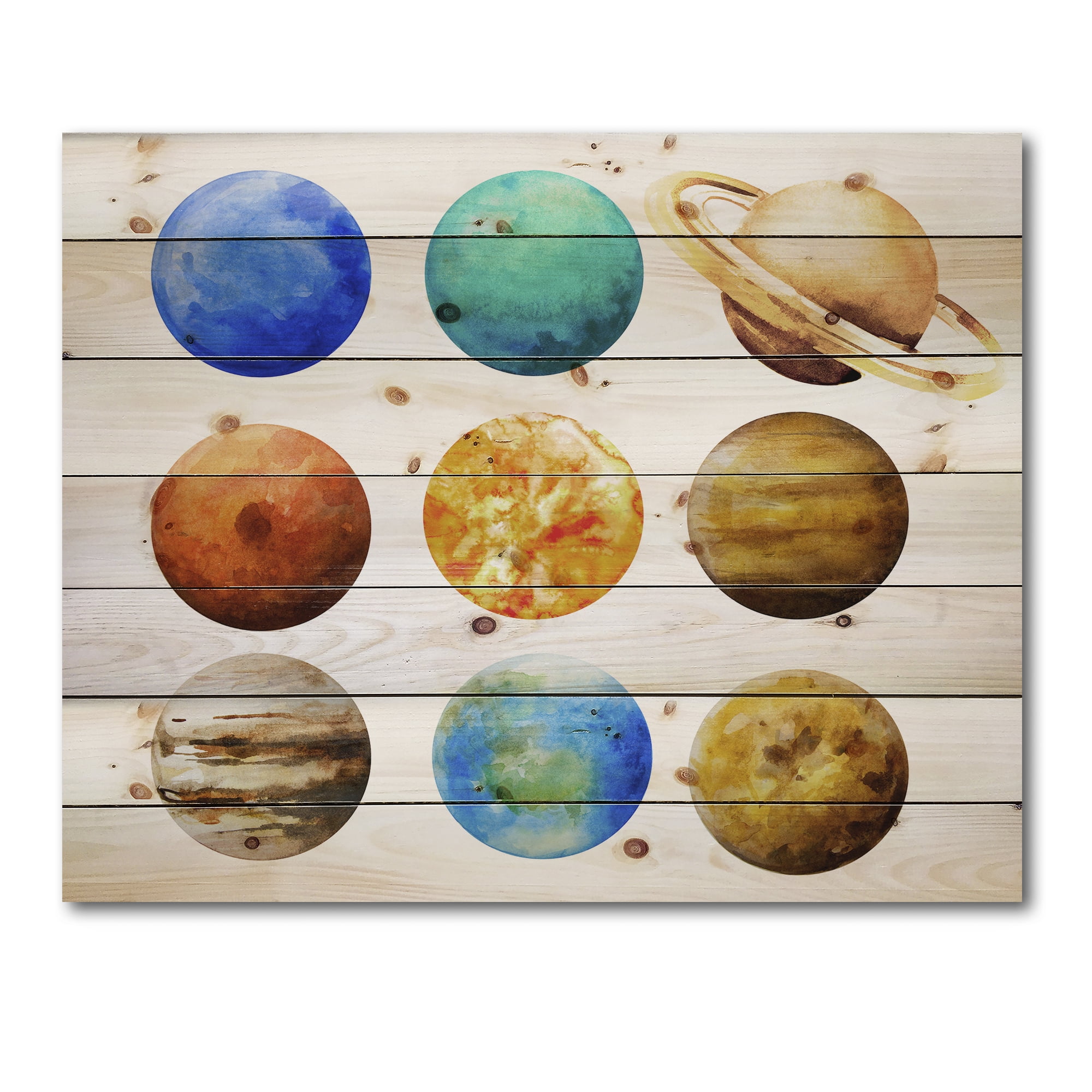 Designart 'Different Planets In Orbit' Modern Print on Natural Pine Wood