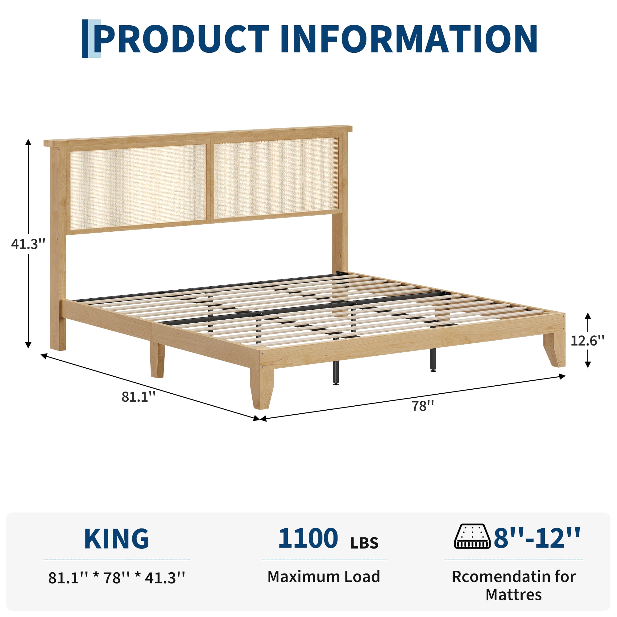King Size Rattan Bed Frame, Bohemian Rattan Bed Frame King with Natural Headboard, Platform King Size Bed with Wooden Legs, LED Lights, No Box Spring Needed, Easy Assembly
