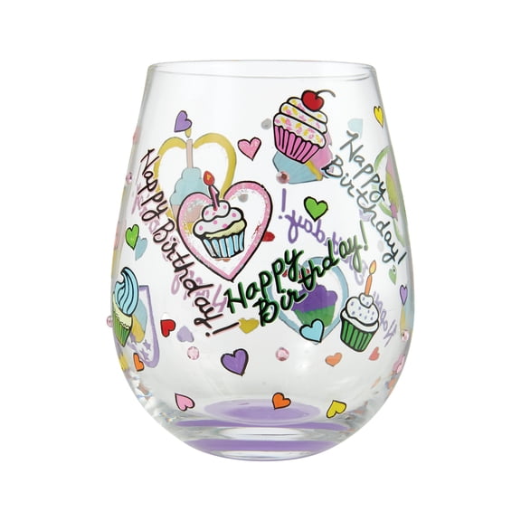 Enesco Lolita Stemless Birthday Cupcakes Hand Painted Stemless Wine Glass 5in H