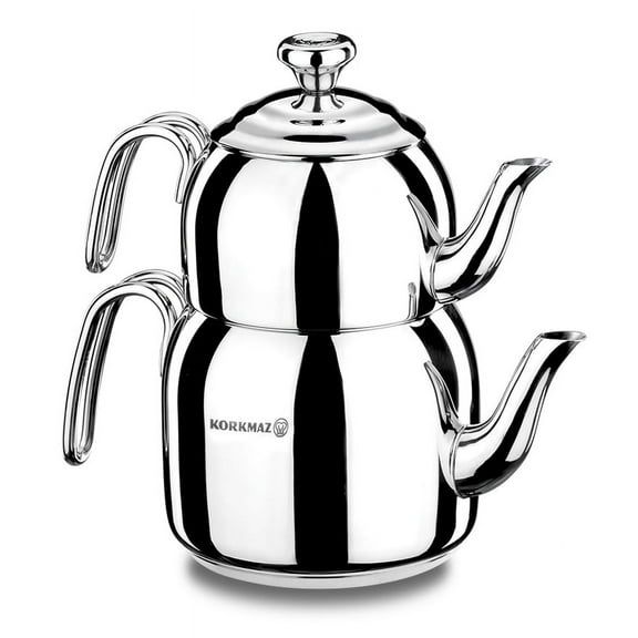 Korkmaz A056 Droppa Turkish Teapot Set for Stovetop, 18/10 Stainless Steel Double Tea Maker with Heat Resistant Handles, Samovar Style Tea Kettle with 23.7 Oz (700ml) & 54.1 Oz (1600ml)