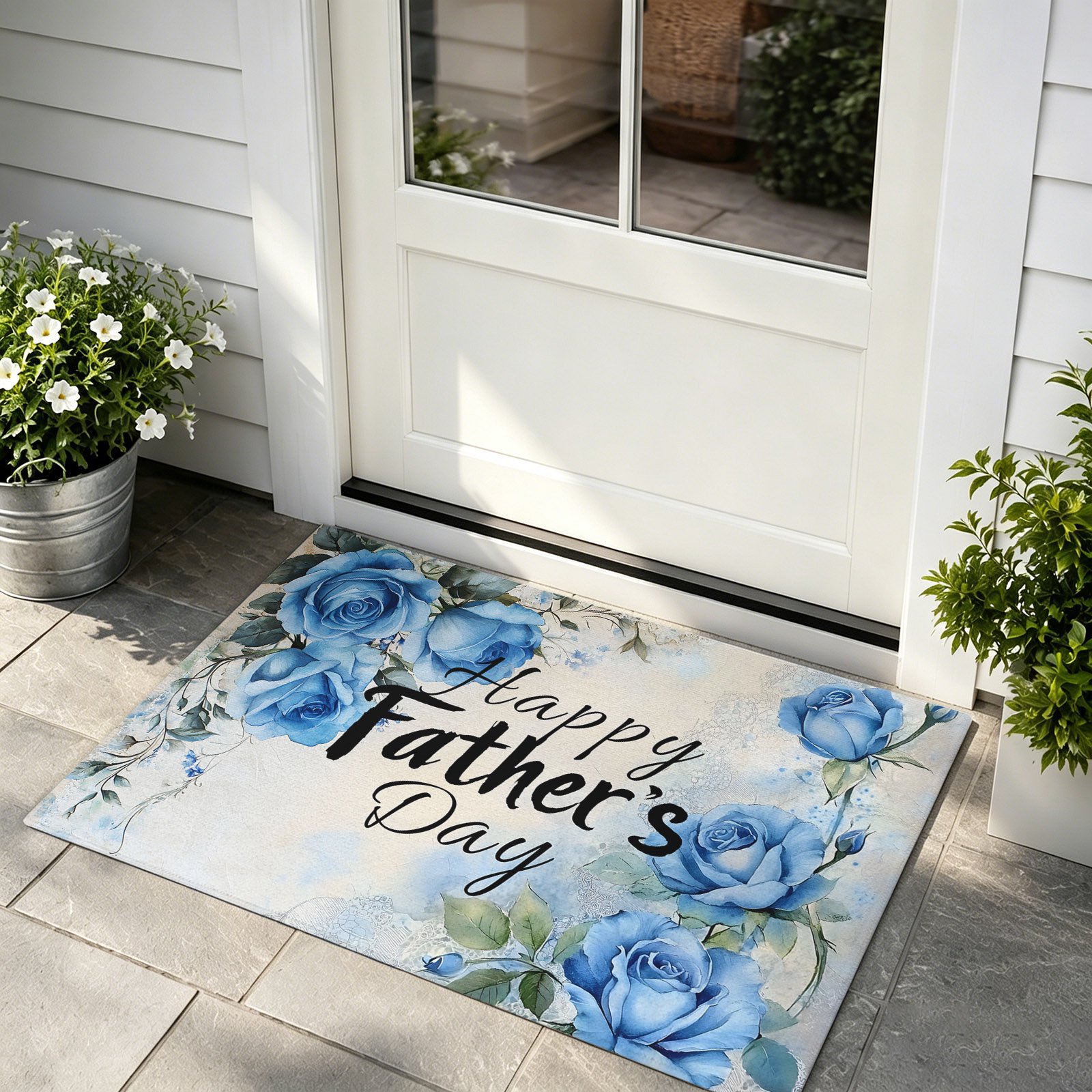 Front Door Mat Indoor Outdoor Entrance Happy Father s Day Low Profile Doormats Non-Slip Backing Blue Spring Garden Floral Absorbent Welcome Mat for Entryway Hallway 16 x24