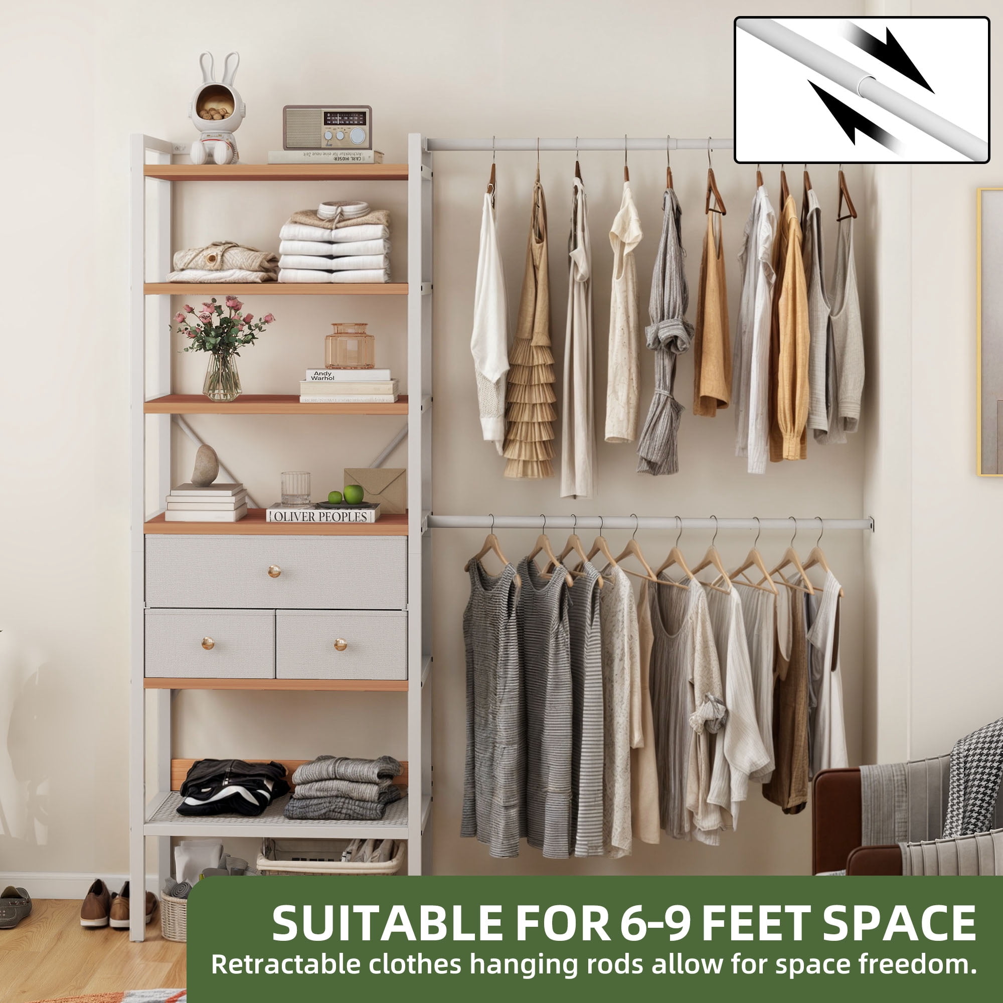 Uforic Closet System,Clothes Rack with 3 Drawers, Heavy Duty Garment Rack for Cloakroom Bedroom, White