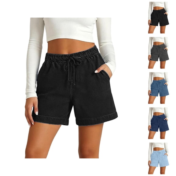 Shorts for Women Summer Elastic High Waist Wide Straight Leg Relaxed Fit Casual Shorts with Pockets