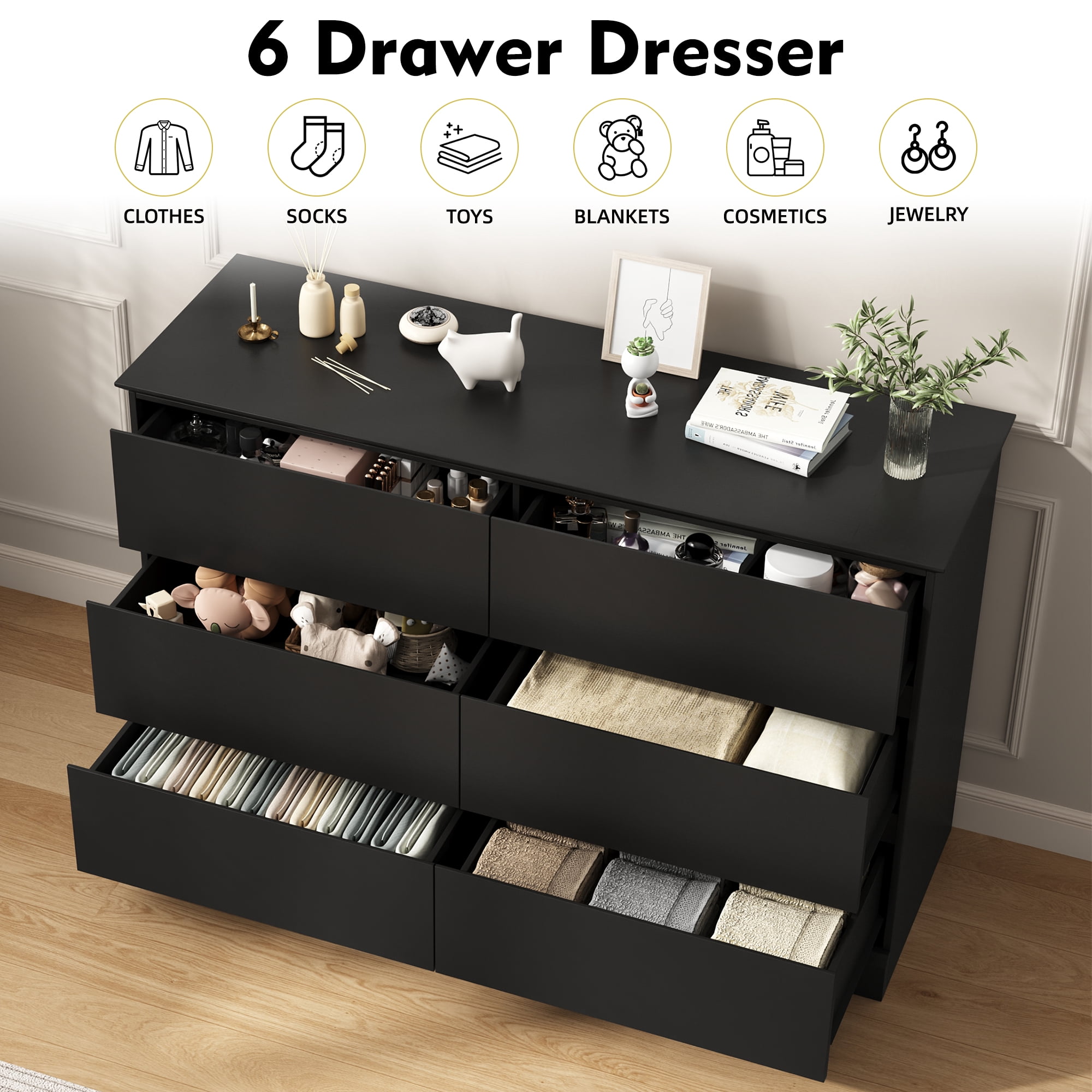 Black Dresser 6 Drawer Dresser Chests of Drawers Wood Storage Side Large Cabinet for Bedroom Closet Living Room