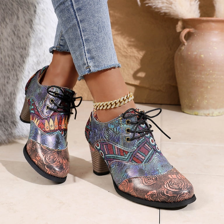 Socofy Women's Colorful Vintage Leather Ankle Boots - Block Heel Oxford Lace-Up Floral Dress Shoes