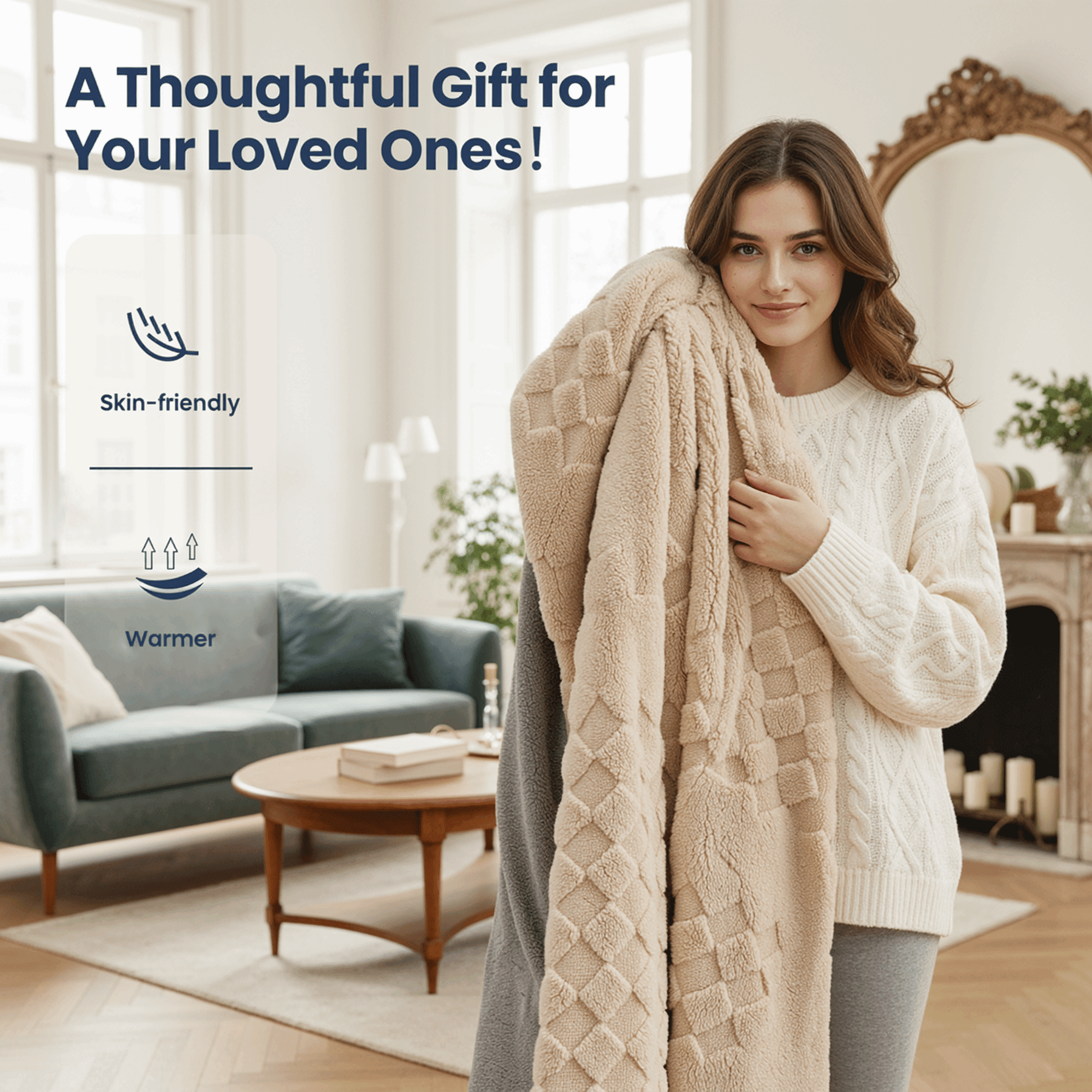 Naipo Heated Blanket Throw 50x60inch Electric Blanket with 6 Heat Settings and 1-4H Auto off Timer, Machine Washable Soft Flannel Fleece Blanket for Couches, Beds for Home Office Use, Beige