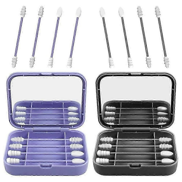 8 Count Reusable Silicone Cotton Swabs Portable,Portable Silicone Swab Cleanable For Ear Cleaning Beauty Treatment Makeup (2 Pack)-Purple+gray