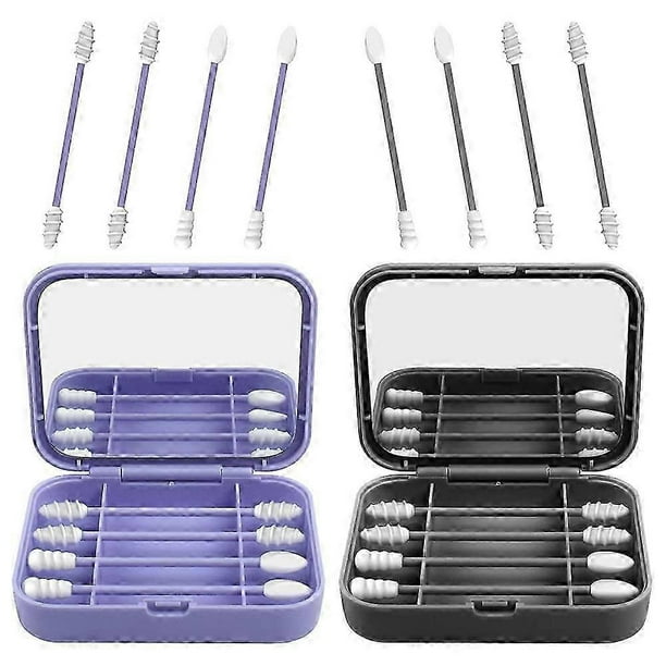 8 Count Reusable Silicone Cotton Swabs Portable,Portable Silicone Swab Cleanable For Ear Cleaning Beauty Treatment Makeup (2 Pack)-Purple+gray