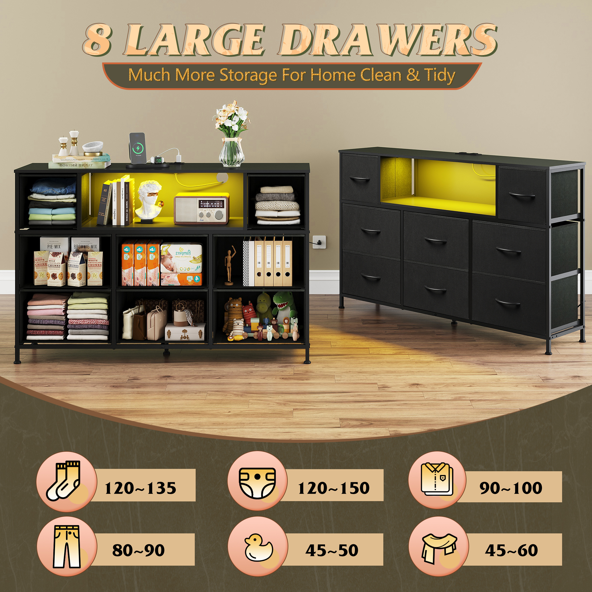 GALAXHERO 8-Drawer Dressers for Bedroom, Dresser TV Stand for 55'' TV with LED Lights and Power Outlets, Fabric Chest of Drawers for Living Room, Entryway, Black