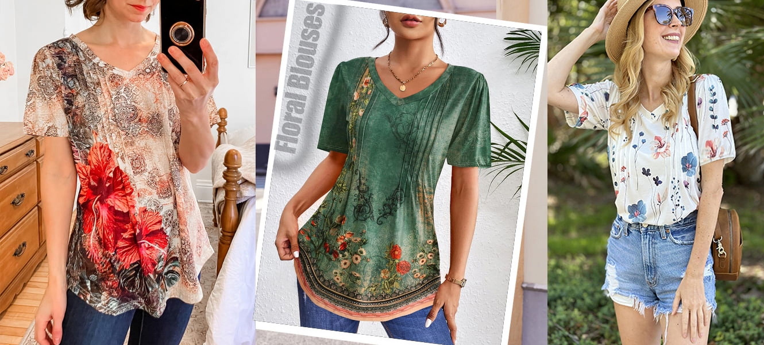 Fantaslook Women's V-Neck Pleated Boho Blouse, Blue Floral photo 6
