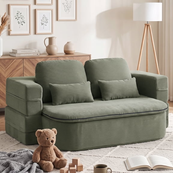 CKEASEAN 75'' Corduroy Convertible Floor Folding Couch, 2-in-1 Sleeper Sofa Bed with Memory Foam, Deep Seat Foldable Sofa with 4 Pillows & Blanket for Living Room, Bedroom, Apartment, No Assembly