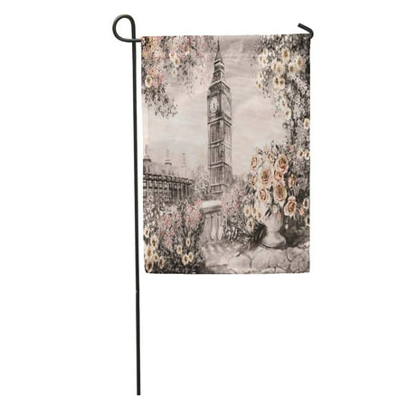 Flower Big Ben - SIDONKU Oil Painting Summer in London Gentle City Landscape Flower Rose and Leaf View from Above Balcony Big Ben Garden Flag Decorative Flag House Banner 12x18 inch