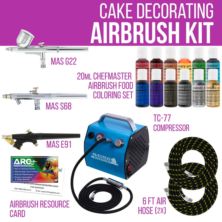  Master Airbrush Cool Runner II Dual Fan Air Compressor Cake  Decorating System Kit with 3 Airbrushes, Gravity and Siphon Feed, 4 Color  Chefmaster Food Coloring Set - How-to Guide, Hose Cupcake