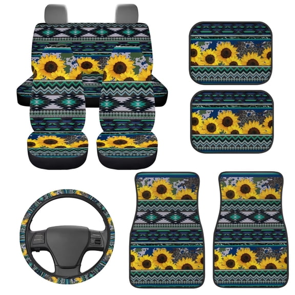 HUIACONG Aztec Sunflowers Car Floor Mats and Steering Wheel Cover for Women Rubber Non-Slip Easy to Install Full Set Front & Rear Car Seat Covers for Additional Protection Car Mats Full Set 9 Pcs