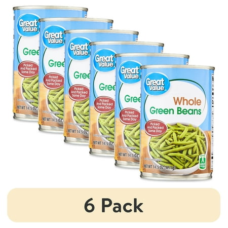 (6 pack) Great Value Canned Whole Green Beans, Gluten-Free, 14.5 oz
